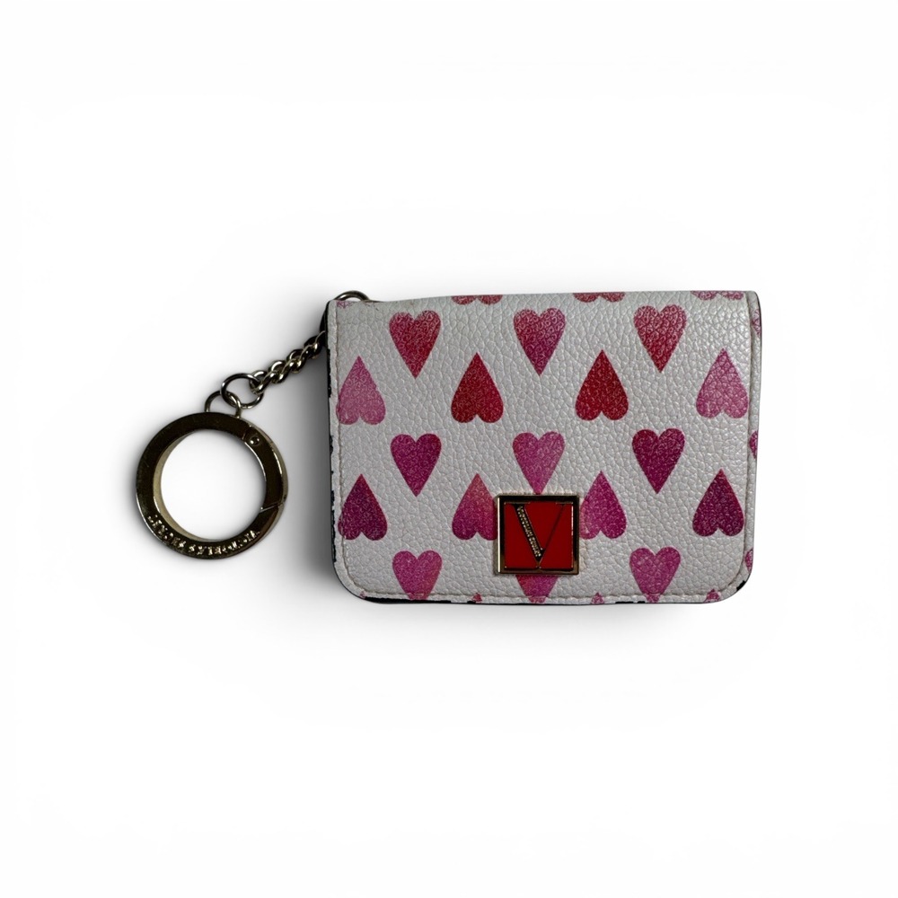 Victoria's Secret Heart Print Card Holder Keychain Wallet ID Case Pink Red